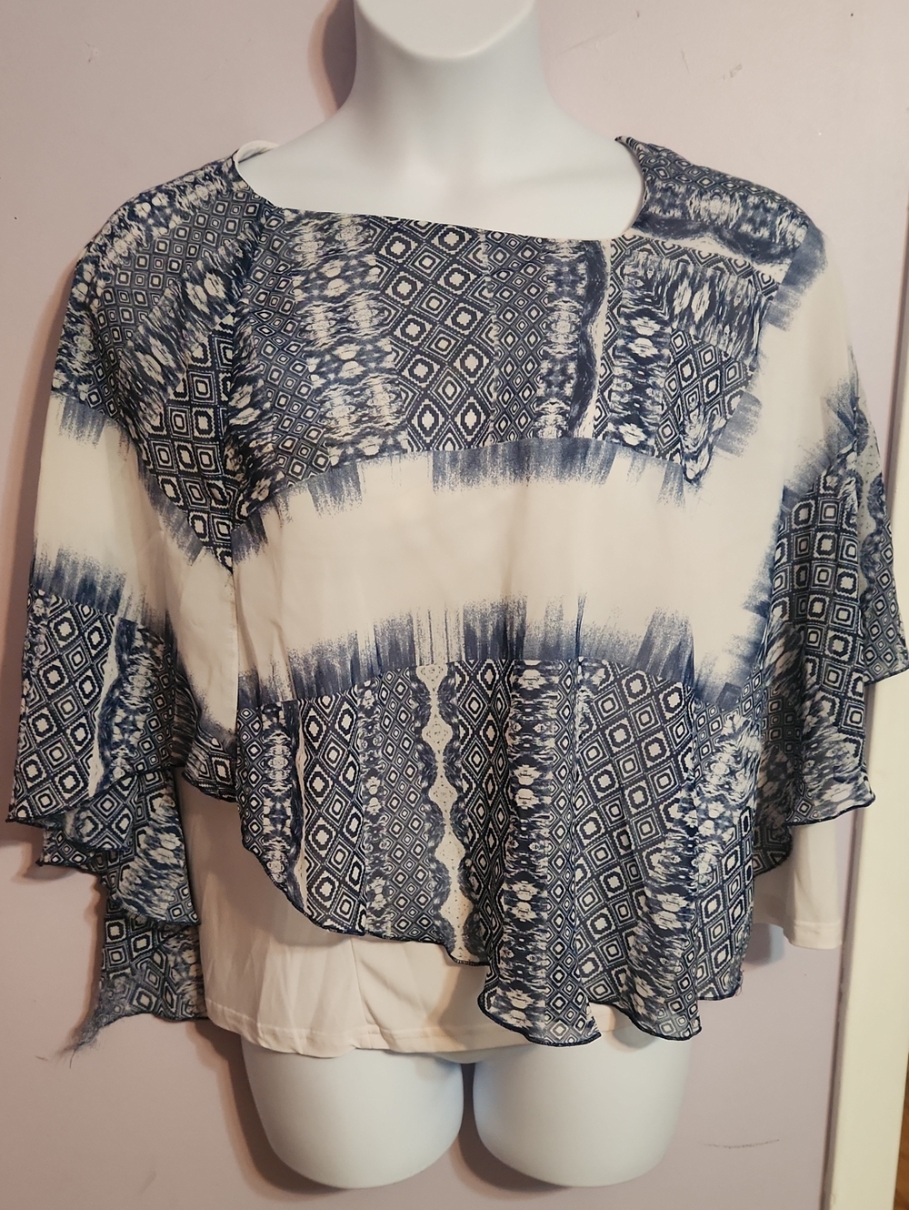 Roz & Ali Women's Geometric Blouse Blue & White Size XL